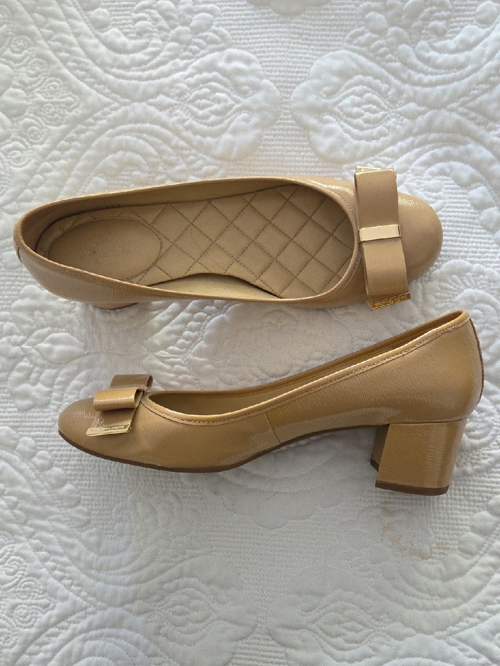 MK Tan Patent Block Heel Shoes